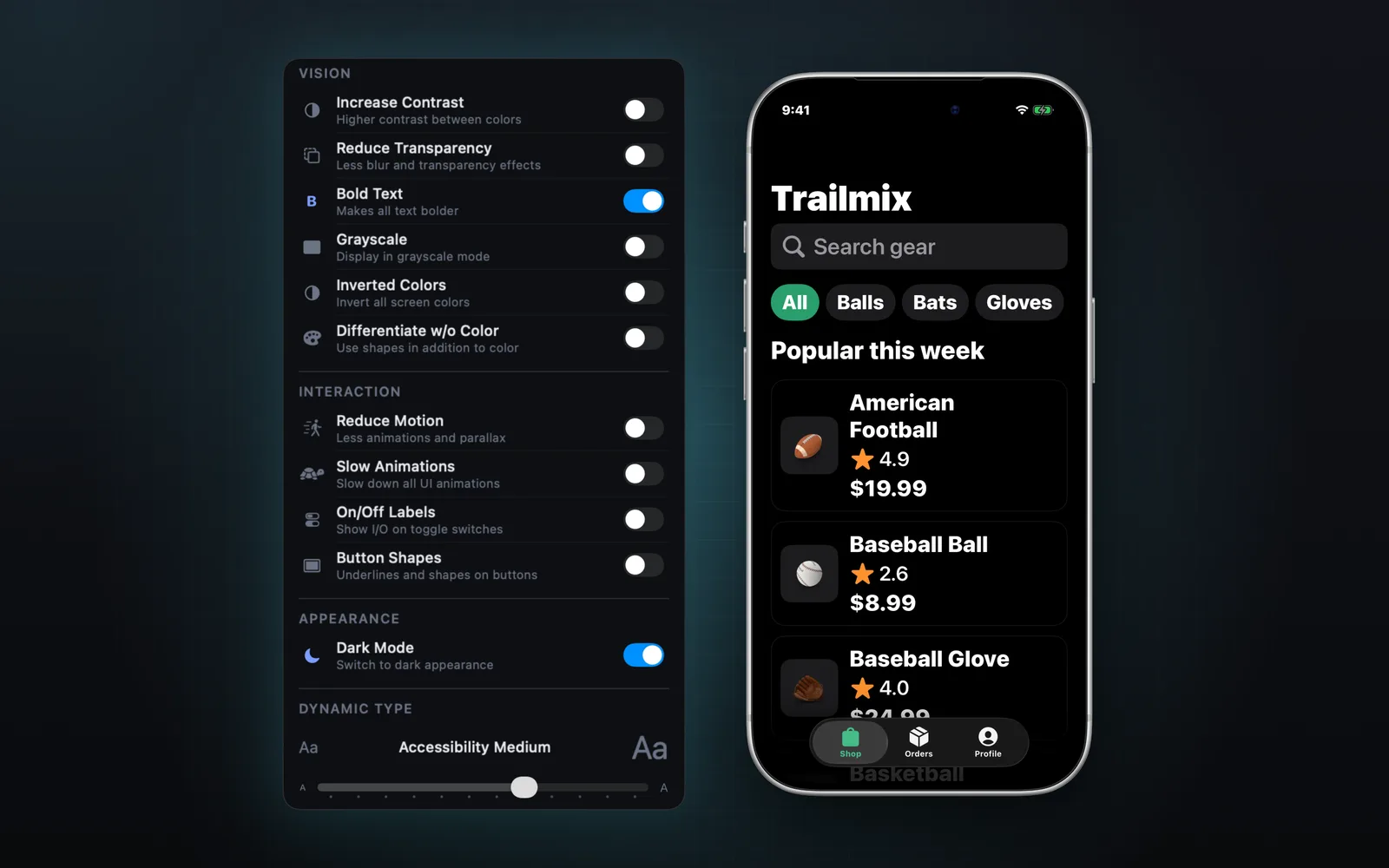 Accessibility toggles with large text applied to the simulator
