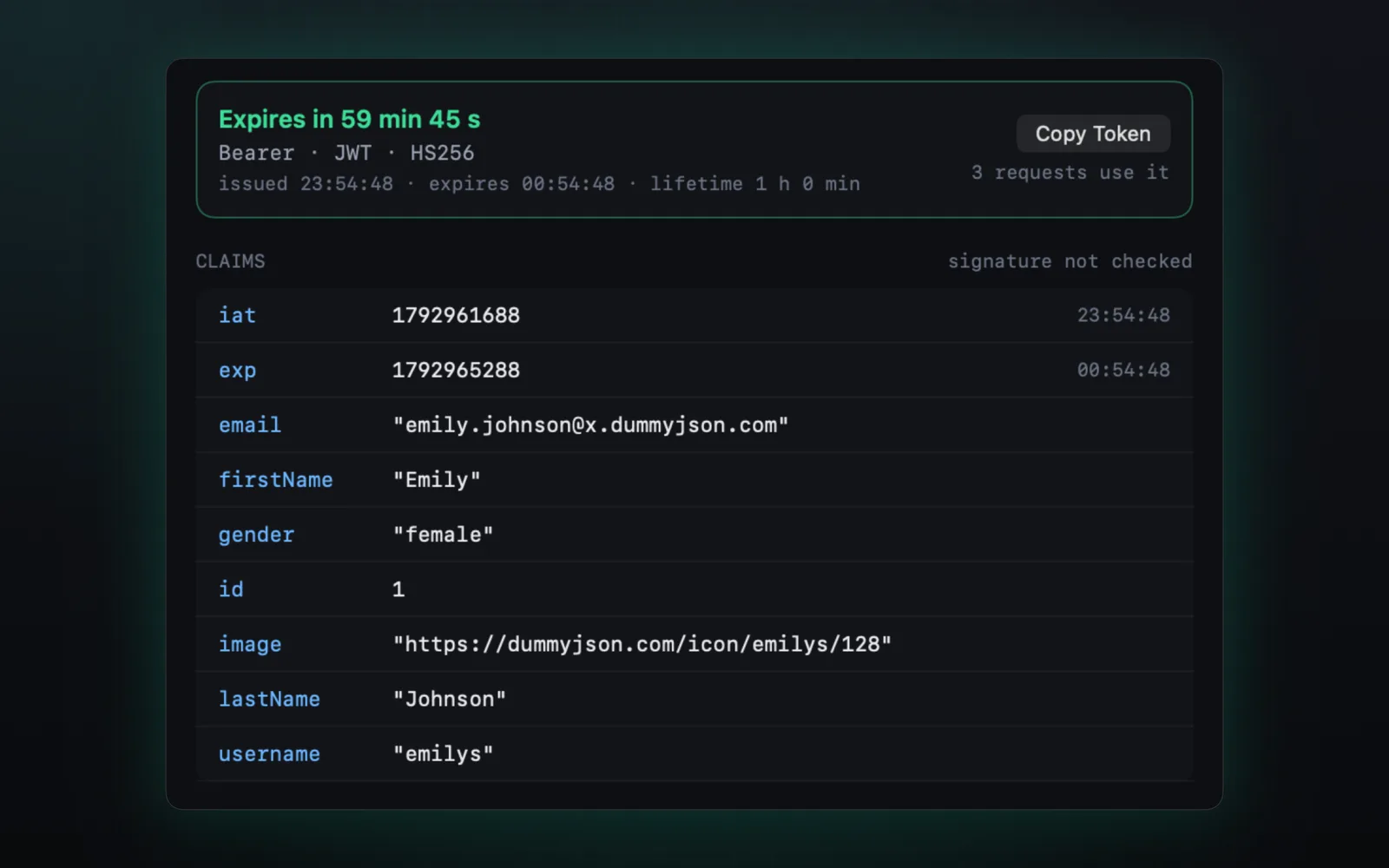 Decoded JWT showing claims and a countdown to expiry