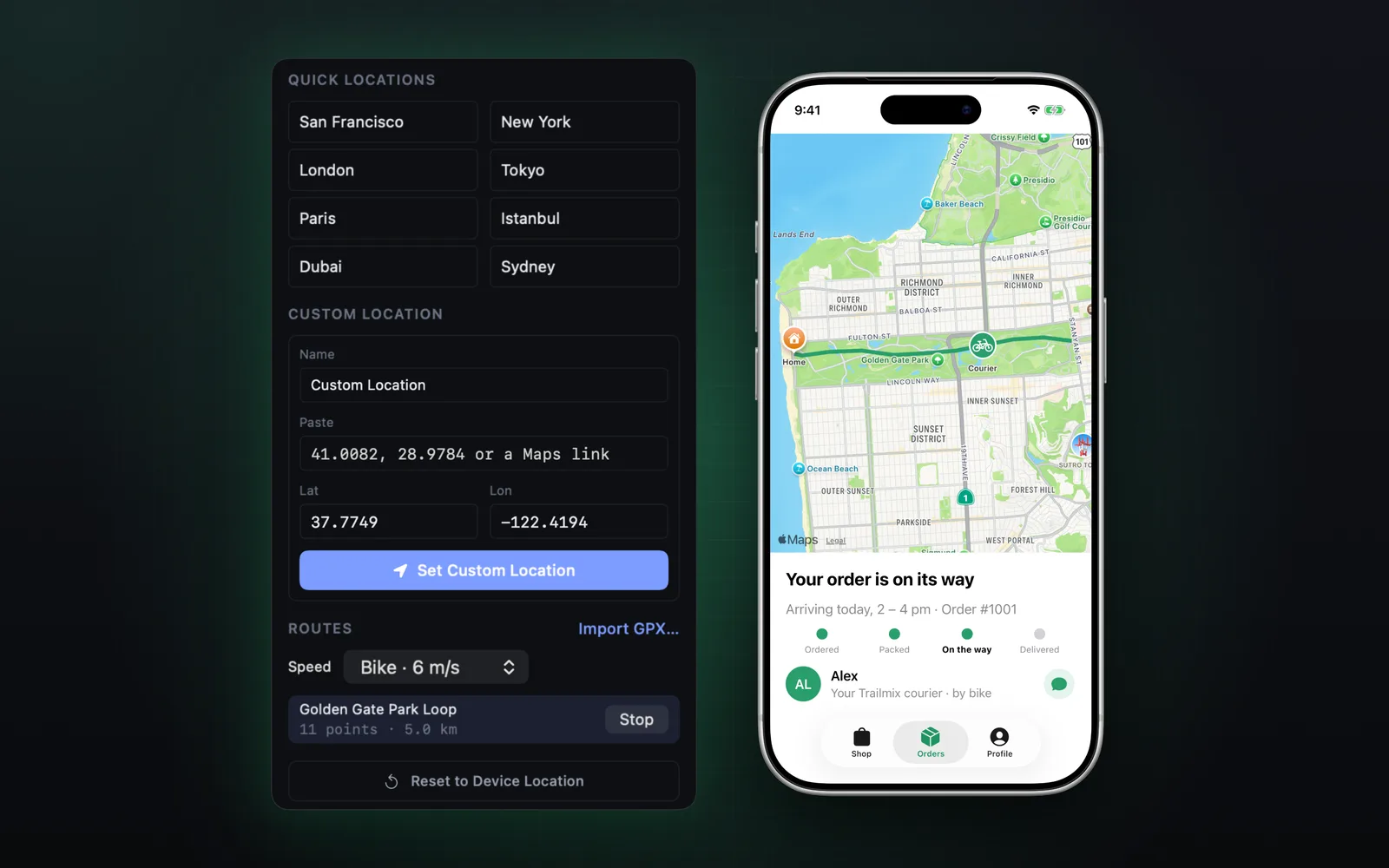 Location panel playing a GPX route through Golden Gate Park on the simulator map