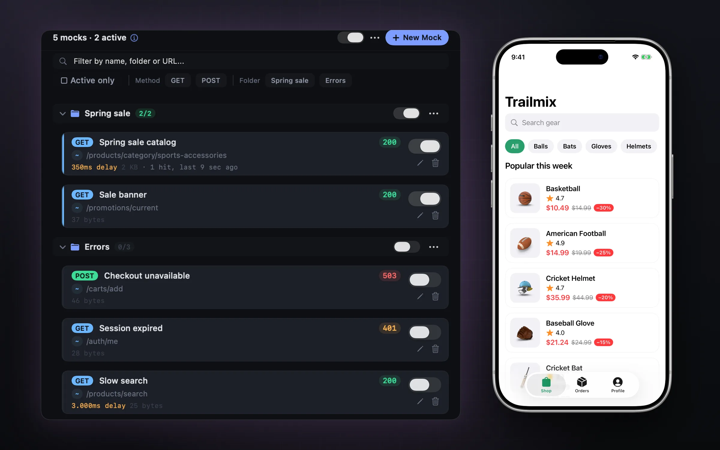 Mock list with sale and error scenarios, and the app showing mocked sale prices