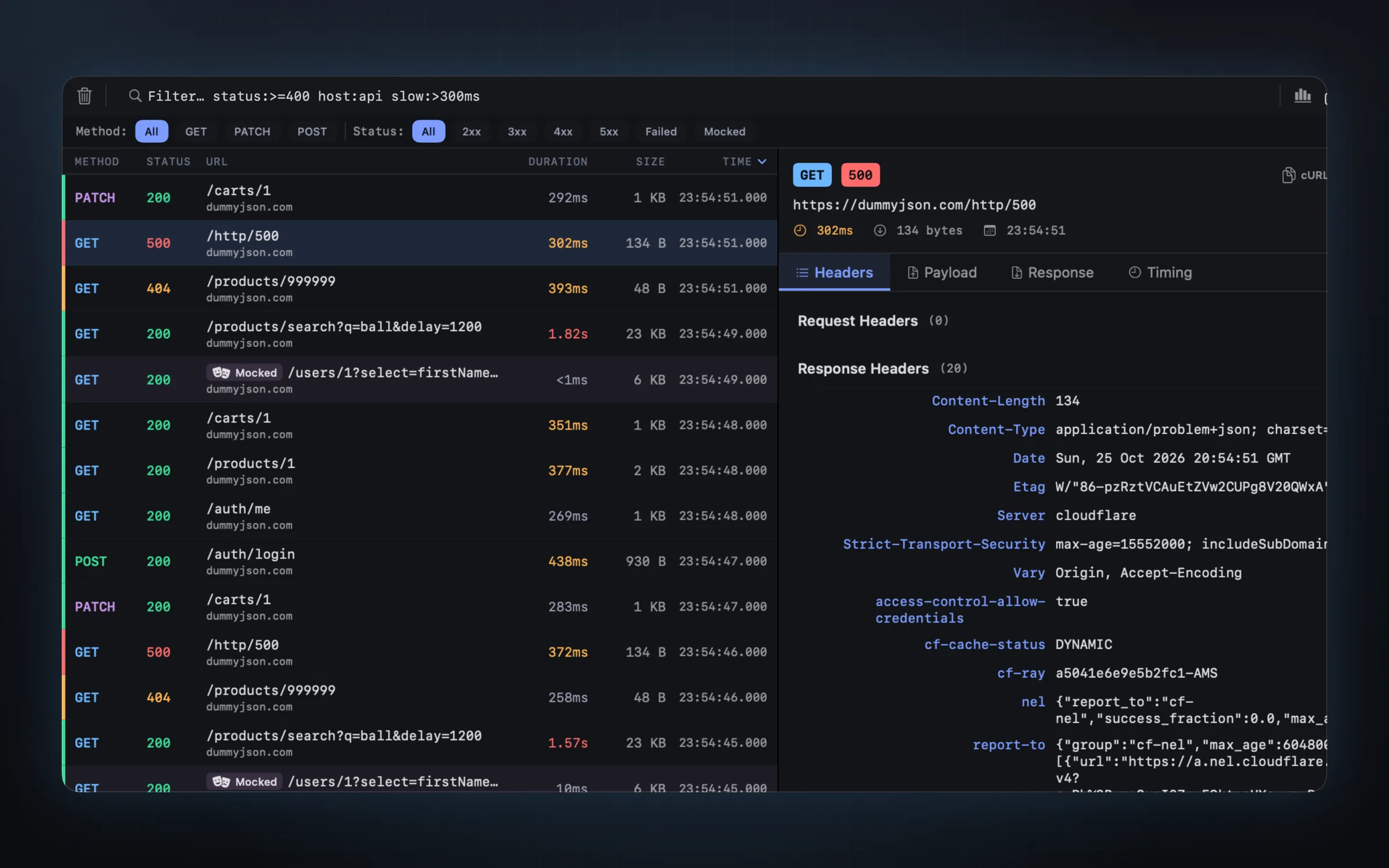 Network monitor with a request list, timing bars and request headers