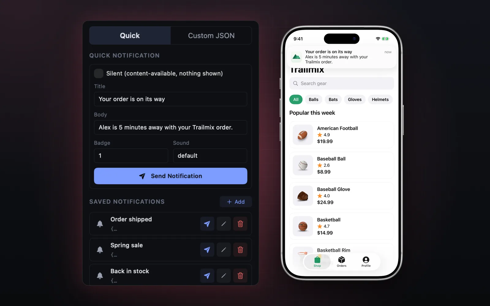 Push form next to a simulator showing the delivered notification banner